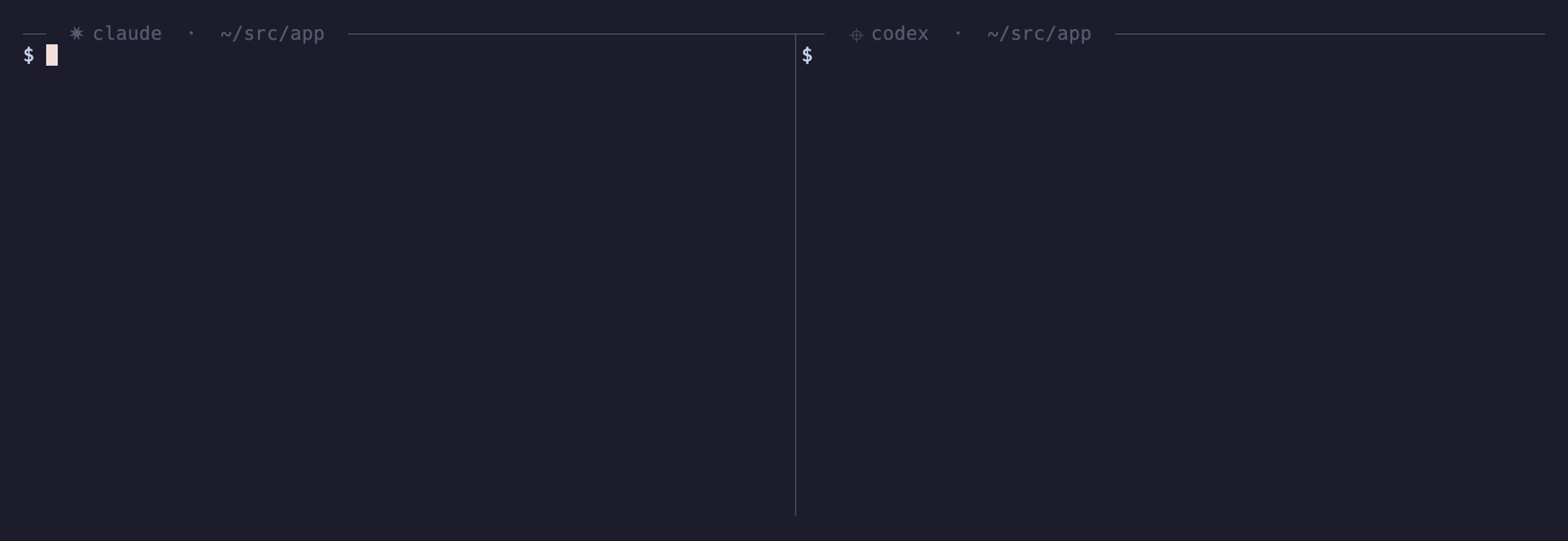 Claude Code hits its 5-hour limit in the left terminal pane, then Codex runs catchup claude in the right pane and continues the task.